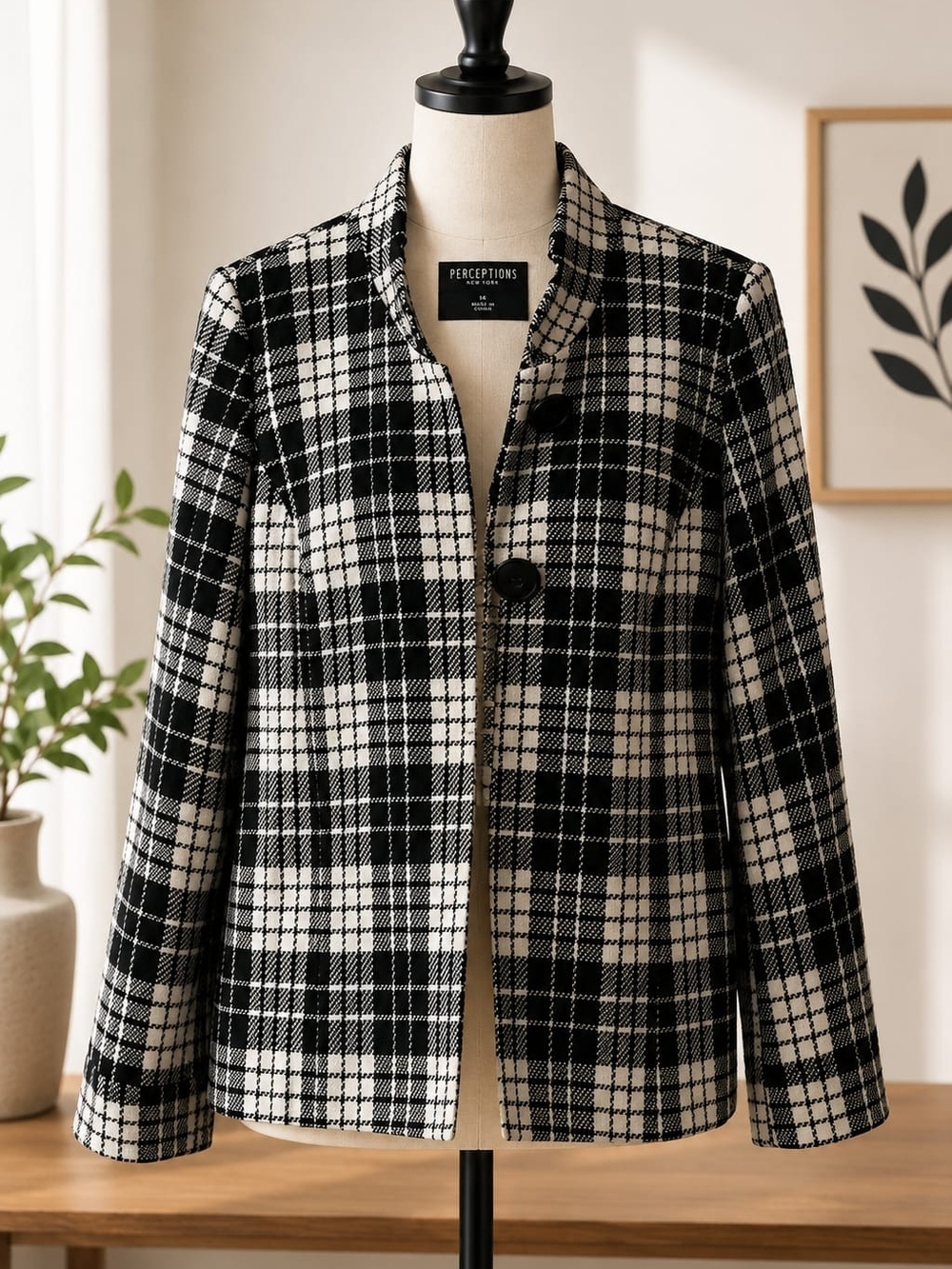 Plaid Open Front Blazer Jacket Black White Checkered Career Office Chic Women's